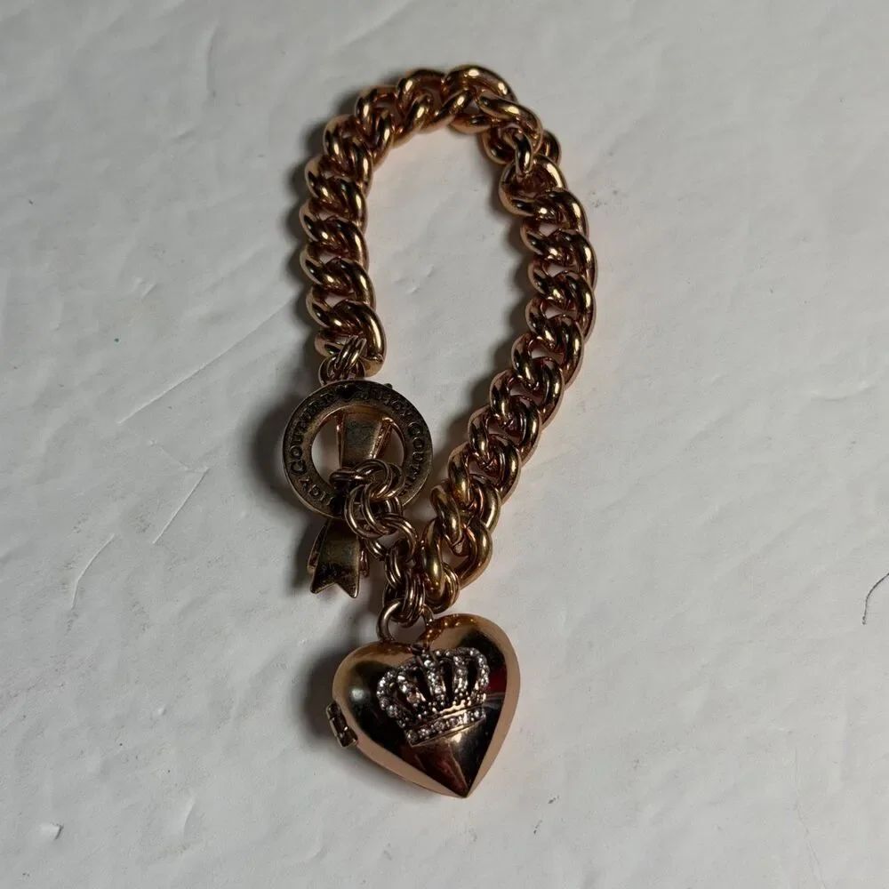 Juicy Couture Rose Gold Heart Locket Crown Charm Bracelet 7" Bow Toggle